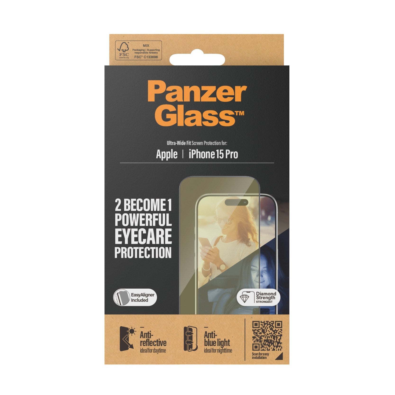 PanzerGlass® Eyecare Skærmbeskyttelse iPhone 15 Pro | Ultra-Wide Fit m. EasyAligner